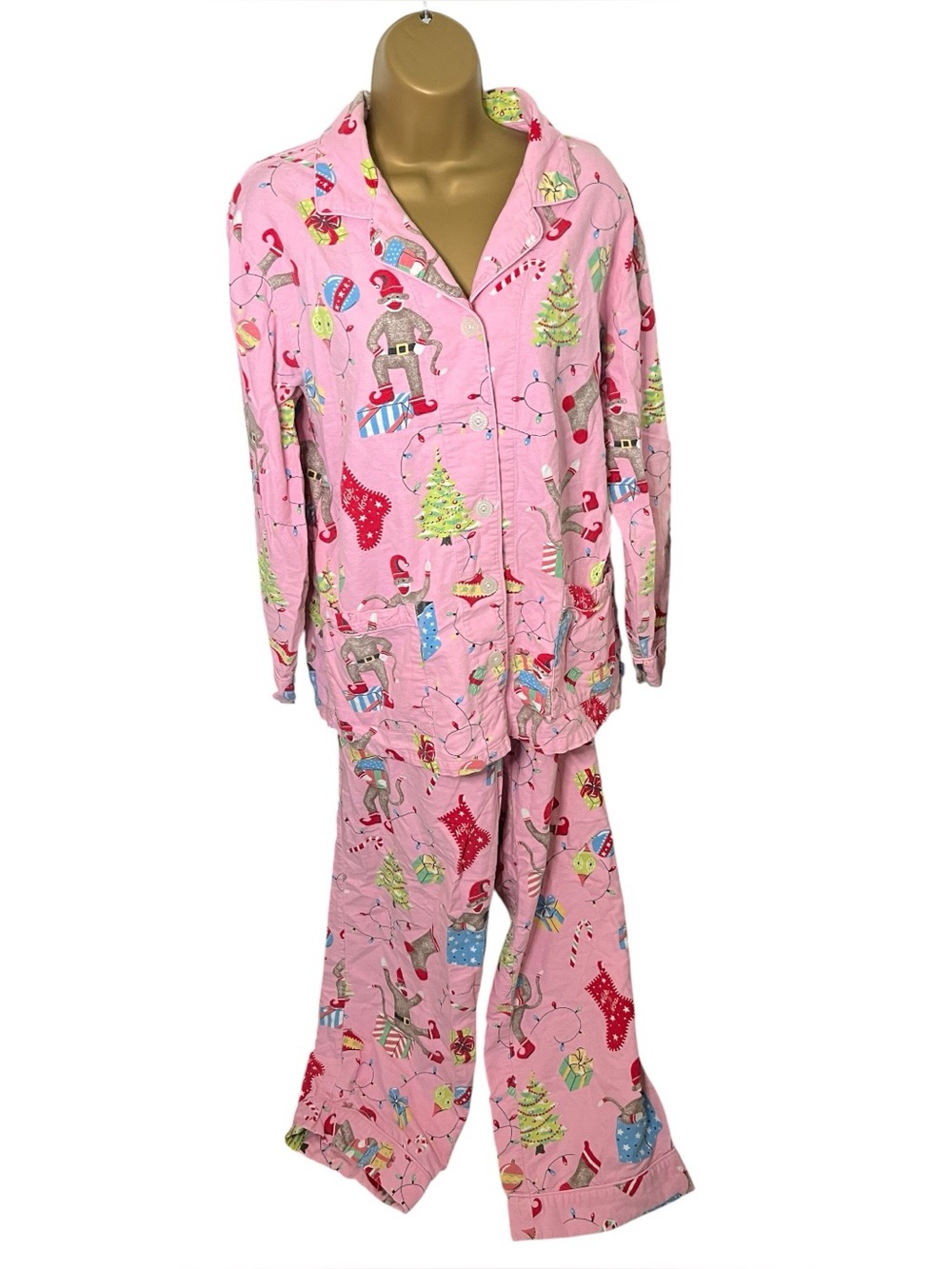 Nick & Nora Christmas Flannel Pajama Set Sock Monkey Pink L